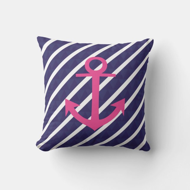 Navy Blue Stripes en Hot Pink Anchor Design Kussen (Voorkant)