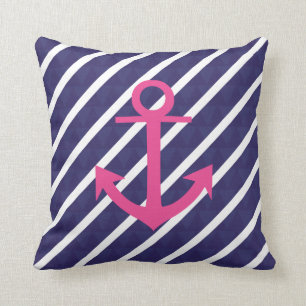 Navy Blue Stripes en Hot Pink Anchor Design Kussen