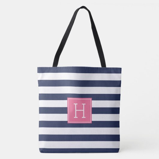 Navy Blue Stripes en Roze Monogram Tote Bag (Voorkant)