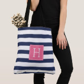 Navy Blue Stripes en Roze Monogram Tote Bag (Dichtbij)