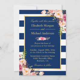 Navy Blue Stripes Floral | Classy Formal Wedding Kaart