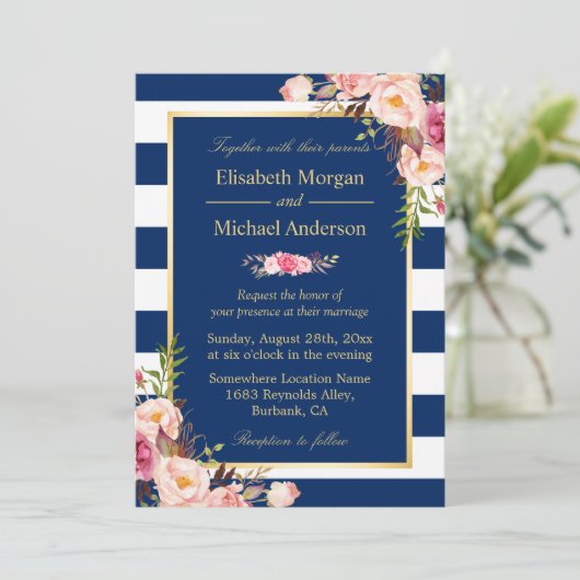 Navy Blue Stripes Floral | Classy Formal Wedding Kaart (Staand voorkant)