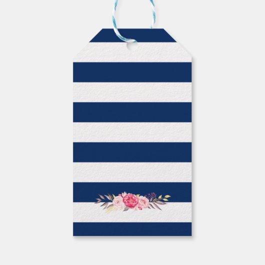 Navy Blue Stripes Floral Vrijgezellenfeest Cadeaulabel (Achterkant)