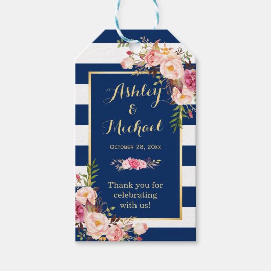 Navy Blue Stripes Floral Wedding Bedankt Cadeaulabel (Voorkant)