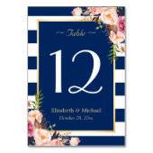 Navy Blue Stripes Floral Wedding Table Number Kaart (Achterkant)