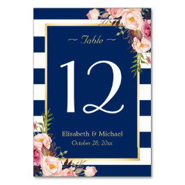Navy Blue Stripes Floral Wedding Table Number Kaart