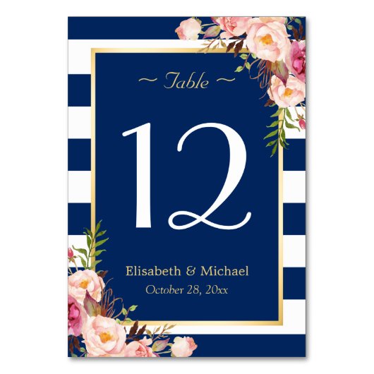 Navy Blue Stripes Floral Wedding Table Number Kaart (Voorkant)