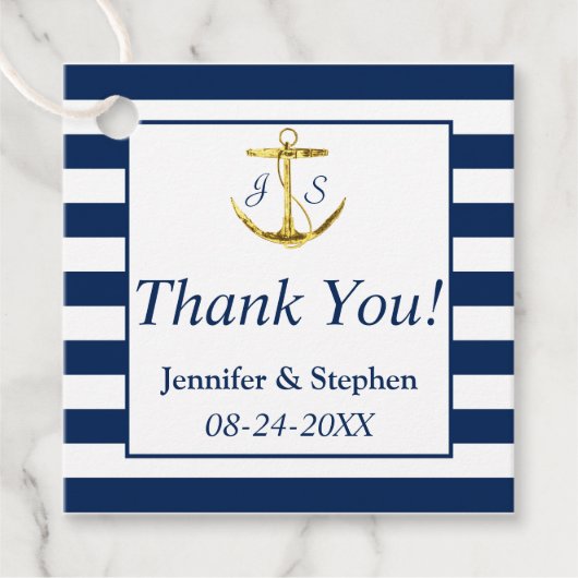 Navy Blue Stripes Gold Anchor Classic Wedding Bedankjes Labels (Voorkant)