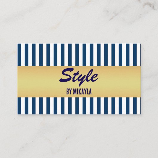 Navy Blue Stripes Gold Bar Stylist Visitekaartje (Voorkant)