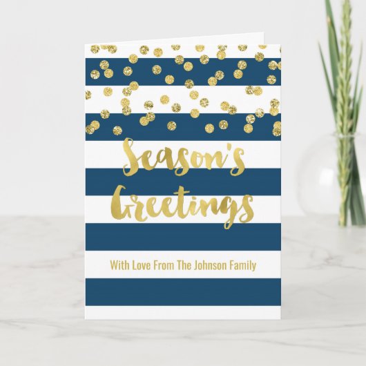 Navy Blue Stripes Gold Confetti Season's Greetings Feestdagen Kaart (Voorkant)