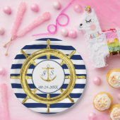 Navy Blue Stripes Gold Nautical Wedding Papieren Bordje (Feest)