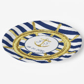 Navy Blue Stripes Gold Nautical Wedding Papieren Bordje (Gekanteld)