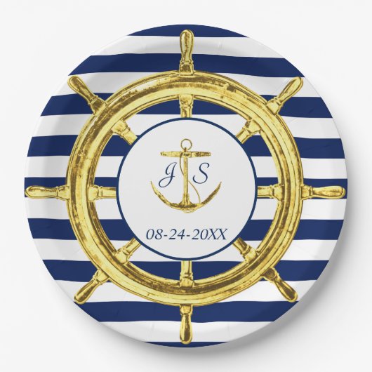 Navy Blue Stripes Gold Nautical Wedding Papieren Bordje (Voorkant)