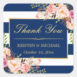 Navy Blue Stripes Gold Pink Floral bedankt Vierkante Sticker