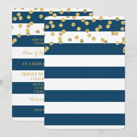 Navy Blue Stripes Gold Stippen Rehearsal Dinner Pa Kaart (Voorkant / Achterkant)