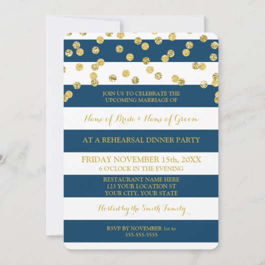 Navy Blue Stripes Gold Stippen Rehearsal Dinner Pa Kaart (Achterkant)