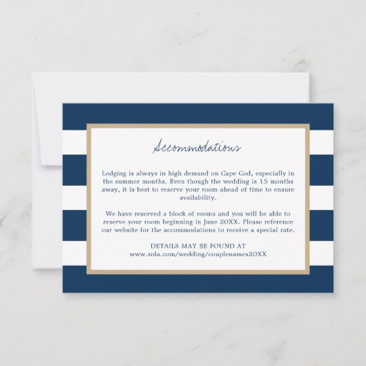 Navy Blue Stripes Gold Trim Wedding Accommodations Save The Date (Voorkant)