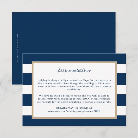 Navy Blue Stripes Gold Trim Wedding Accommodations Save The Date (Voorkant / Achterkant)