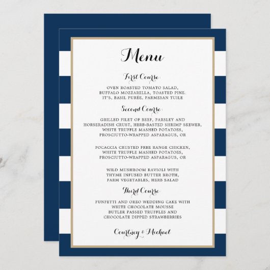 Navy Blue Stripes Gold Trim Wedding Reception Menu Kaart (Voorkant / Achterkant)