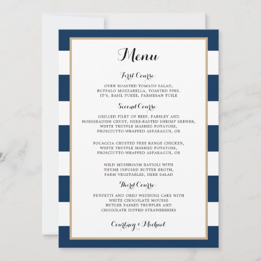 Navy Blue Stripes Gold Trim Wedding Reception Menu Kaart (Voorkant)
