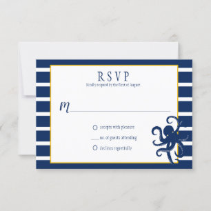 Navy Blue Stripes Goud Details Nautische RSVP   Kaartje