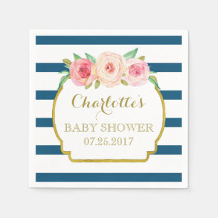 Navy Blue Stripes Goud Roze Bloemen Baby shower Servet