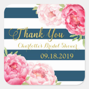 Navy Blue Stripes Goud Roze Bloemen Vrijgezellenfe Vierkante Sticker