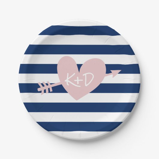 Navy Blue Stripes Heart & Arrow Nautical Wedding Papieren Bordje (Voorkant)