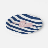 Navy Blue Stripes Heart & Arrow Nautical Wedding Papieren Bordje (Gekanteld)