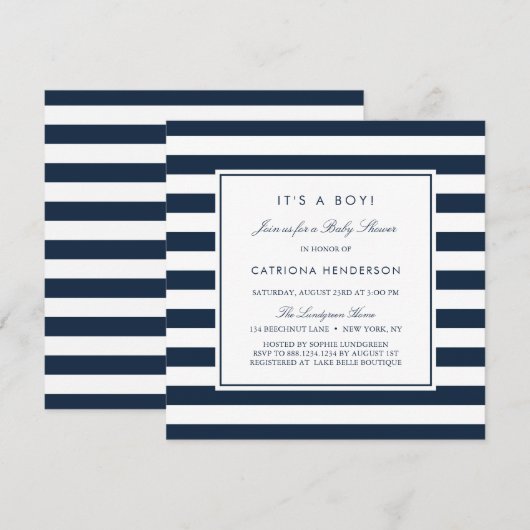 Navy Blue Stripes Het is een Jongen Baby shower Kaart (Voorkant / Achterkant)