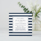 Navy Blue Stripes Het is een Jongen Baby shower Kaart (Staand voorkant)