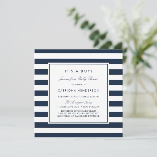 Navy Blue Stripes Het is een Jongen Baby shower Kaart (Staand voorkant)