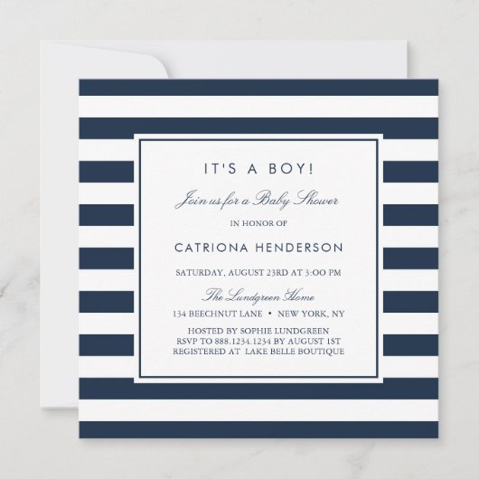 Navy Blue Stripes Het is een Jongen Baby shower Kaart (Voorkant)