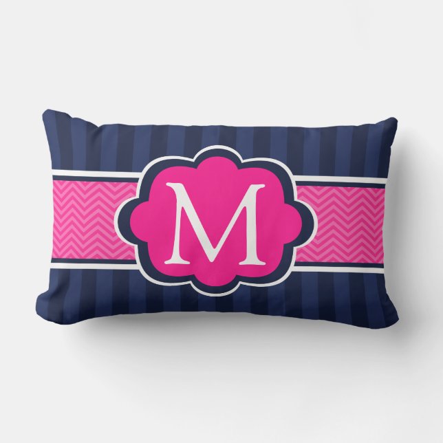 Navy Blue Stripes Hot Pink aangepast monogram Kussen (Voorkant)