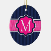 Navy Blue Stripes Hot Pink Custom Monogram Keramisch Ornament (Rechts)