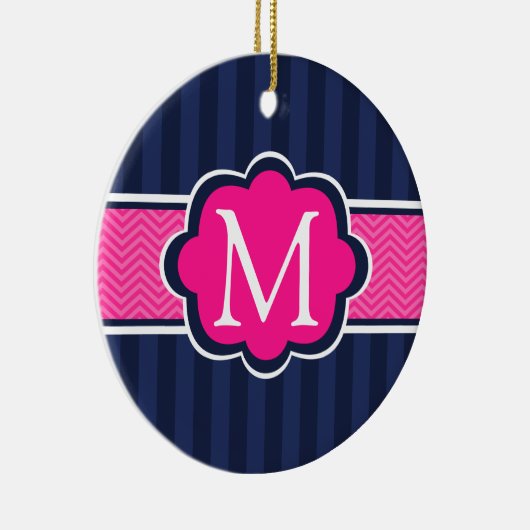 Navy Blue Stripes Hot Pink Custom Monogram Keramisch Ornament (Rechts)