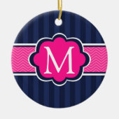 Navy Blue Stripes Hot Pink Custom Monogram Keramisch Ornament (Voorkant)