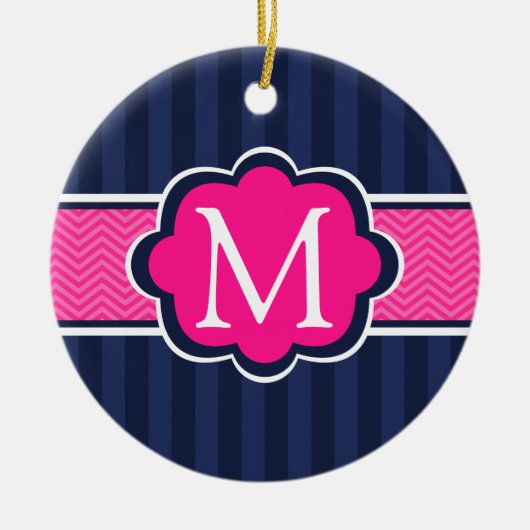 Navy Blue Stripes Hot Pink Custom Monogram Keramisch Ornament (Voorkant)