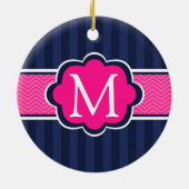 Navy Blue Stripes Hot Pink Custom Monogram Keramisch Ornament (Achterkant)
