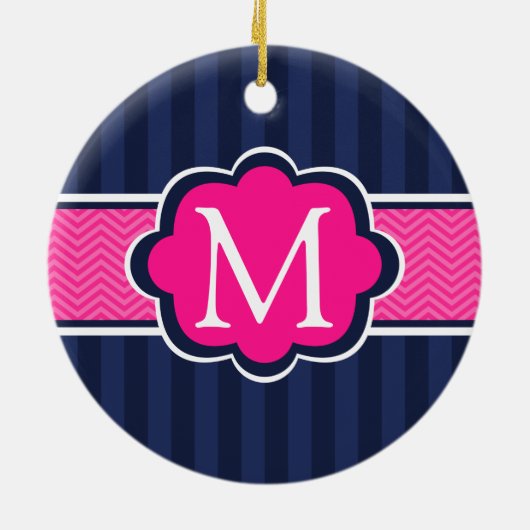 Navy Blue Stripes Hot Pink Custom Monogram Keramisch Ornament (Achterkant)