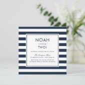 Navy Blue Stripes Kids Birthday Party Invitation Kaart (Staand voorkant)