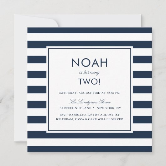 Navy Blue Stripes Kids Birthday Party Invitation Kaart (Voorkant)