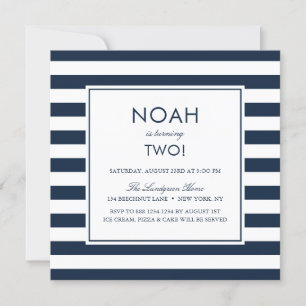 Navy Blue Stripes Kids Birthday Party Invitation Kaart