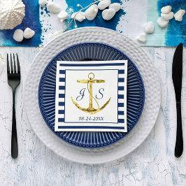 Navy Blue Stripes met Gold Anchor Wedding Servet