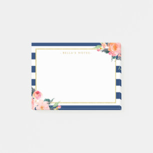 Navy Blue Stripes Modern Flowers Gold Lijst Post-it® Notes