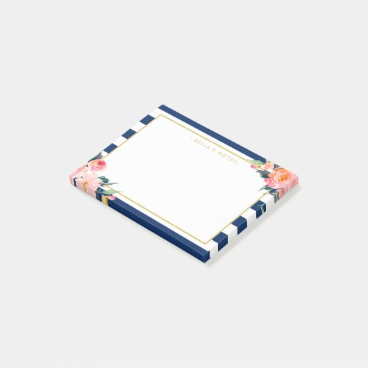 Navy Blue Stripes Modern Flowers Gold Lijst Post-it® Notes (Schuin)