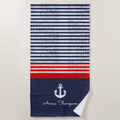 Navy Blue Stripes + naam en nautisch anker Strandlaken (Voorkant)