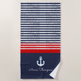 Navy Blue Stripes + naam en nautisch anker Strandlaken