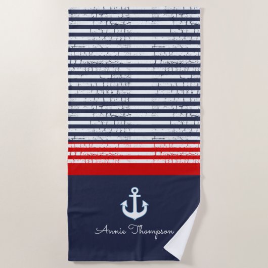 Navy Blue Stripes + naam en nautisch anker Strandlaken (Voorkant)