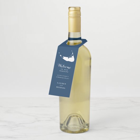 Navy Blue Stripes Nantucket Island bruiloft gunst Flessenhanger (Schuin)